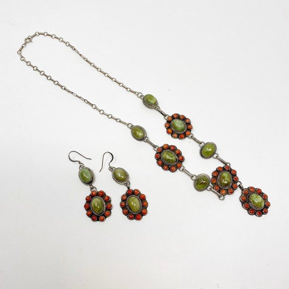 307 vintage Patrick Yazzie, Navajo, turquoise and coral necklace and earring set - Picture 1 of 10